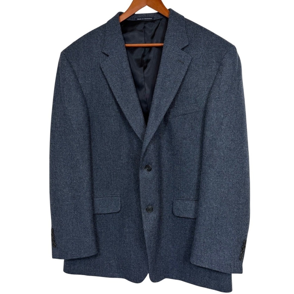 Lands End Mens Blue Herringbone Wool Lambswool Blazer Sport Coat 46 Regular